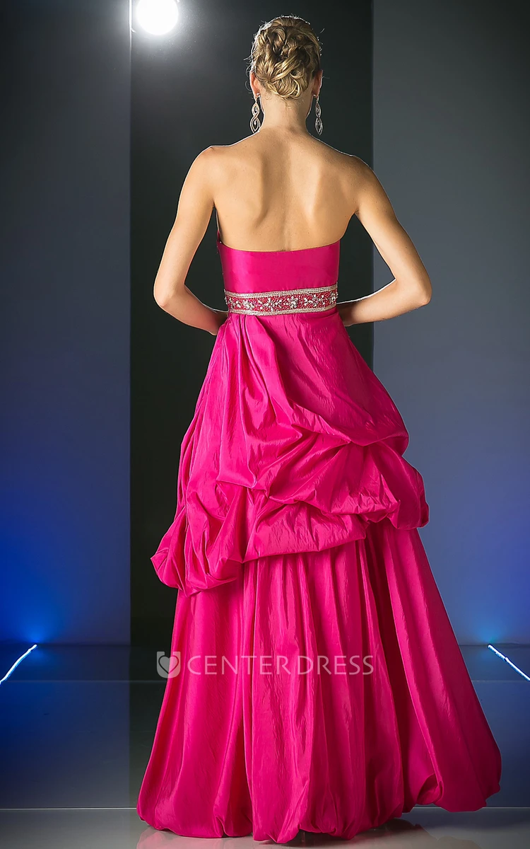 A-Line Long Strapless Sleeveless Taffeta Backless Dress With Pick Up And Flower