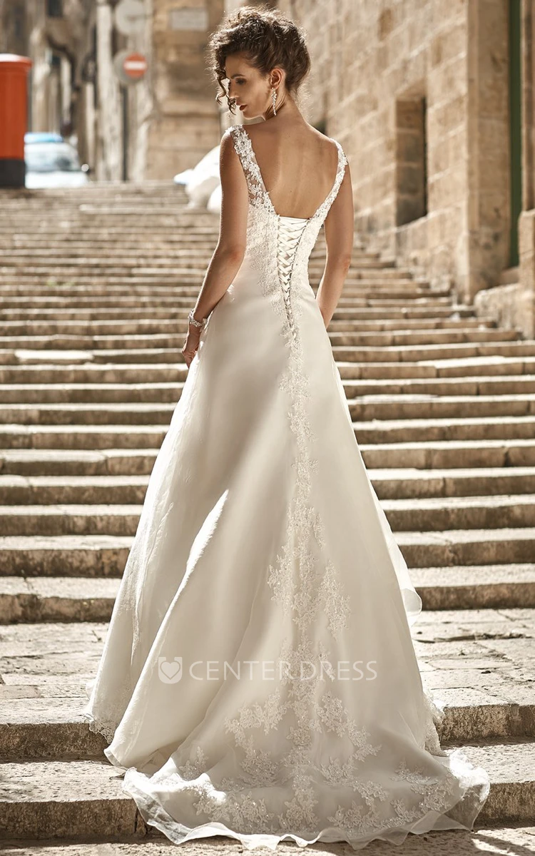 A-Line Appliqued V-Neck Long Sleeveless Satin&Lace Wedding Dress With Side Draping