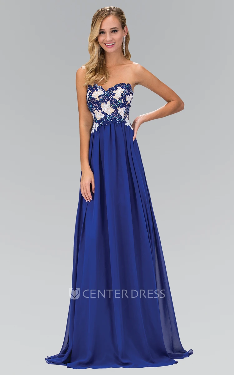 A-Line Sweetheart Sleeveless Chiffon Backless Dress With Appliques And Pleats