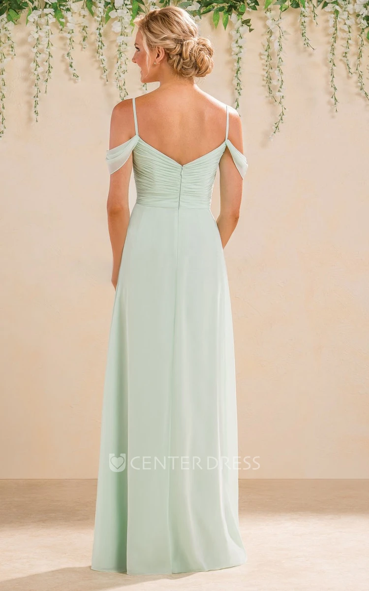 Off-Shoulder A-Line Floor-Length Bridesmaid Dress With Ruches And V-Back