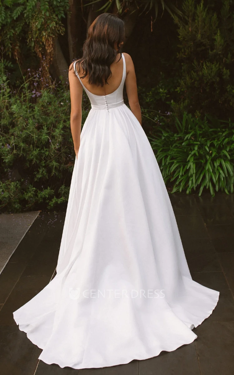 Solid A-Line Straps Scoop Neck Satin Wedding Dress Sleeveless Floor-length Button Back Bridal Gown