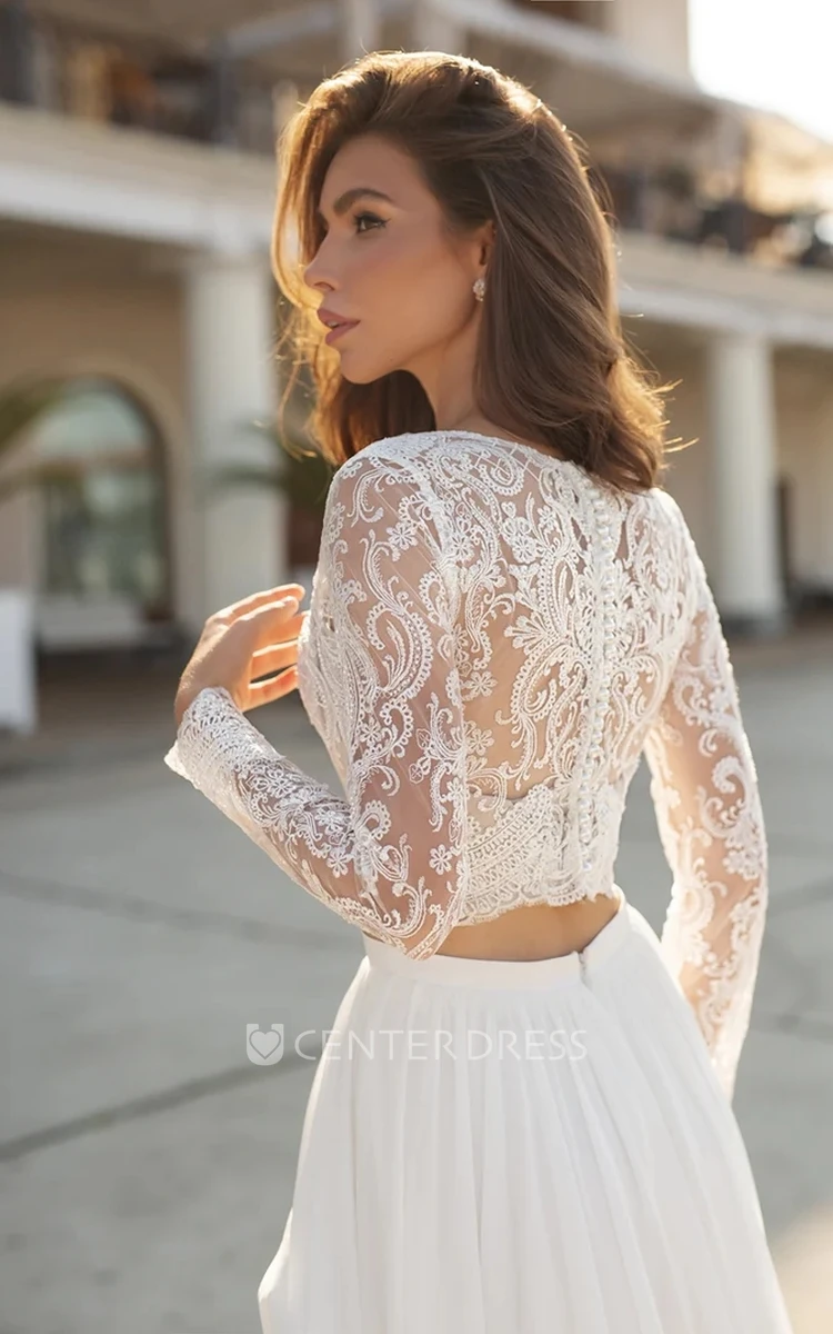 Long Sleeve Lace Top Beach Wedding Dresses V Neck Chiffon Wedding Dres –  SheerGirl