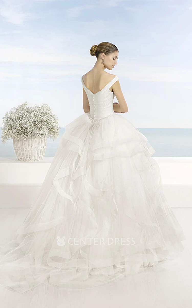 Ball Gown V-Neck Criss-Cross Tulle Wedding Dress