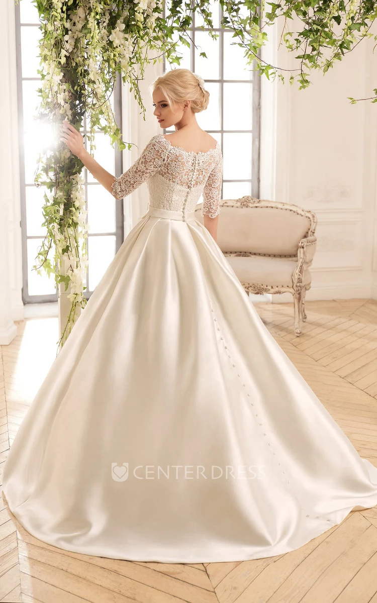 Ball Gown Long Bateau Half-Sleeve Illusion Satin Dress With Lace