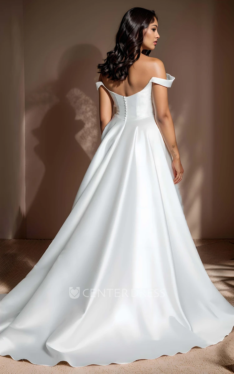 Sexy Elegant Off-the-shoulder Floor-length Sleeveless A-Line Satin Wedding Dress Solid Simple Straps Big Bust Draping Button Zipper Low-V Back Bridal Gown