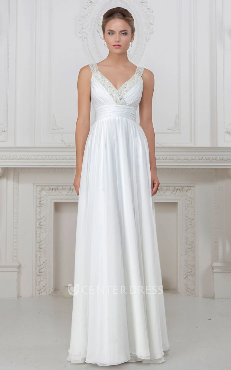 Sheath V-Neck Floor-Length Sleeveless Ruched Satin Wedding Dress With Beading
