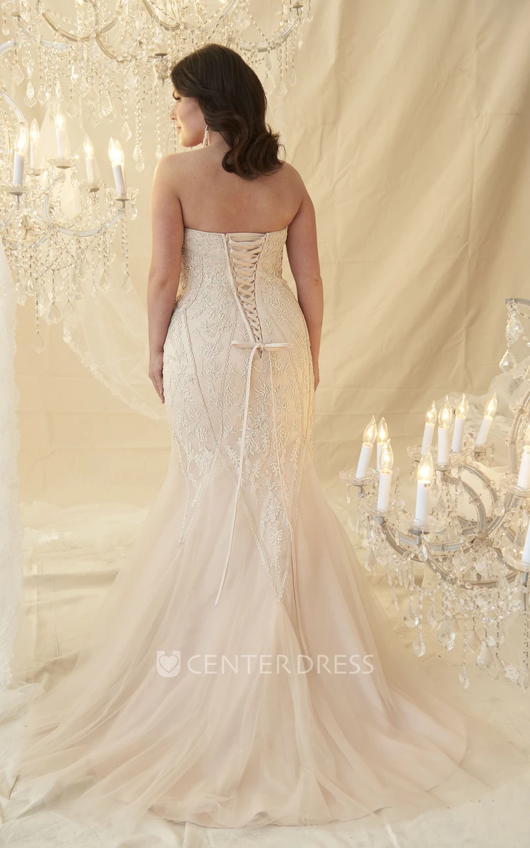 Mermaid Sweetheart Tulle Plus Size Wedding Dress With Lace Up