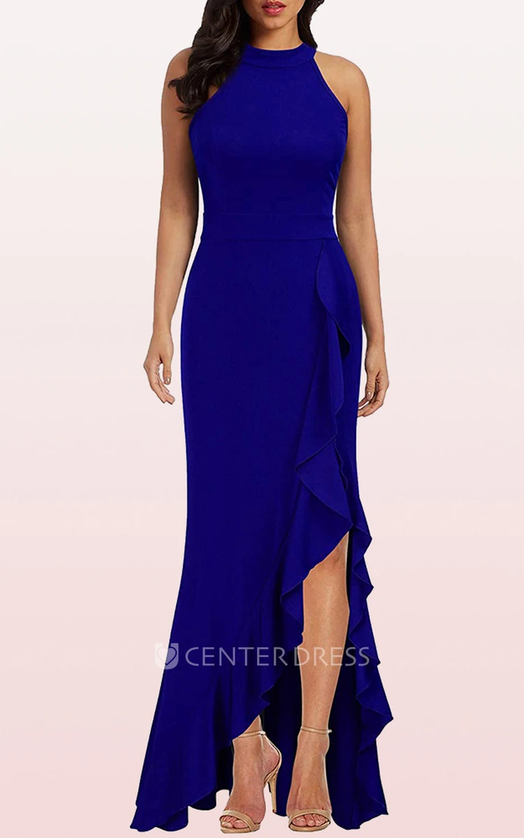 Elegant Halter Sheath Jersey Sleeveless Guest Dress With Split Front and Ruffles
