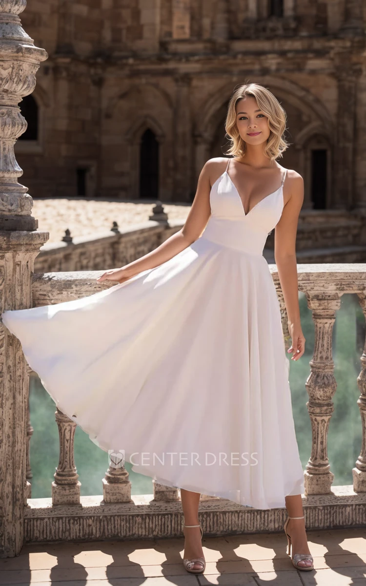 Elegant Sexy A-Line V-Neck Spaghetti Strap Wedding Dress Simple Casual Midi Tea Length Sleeveless Cross Back Vow Renewal Bridal Gown