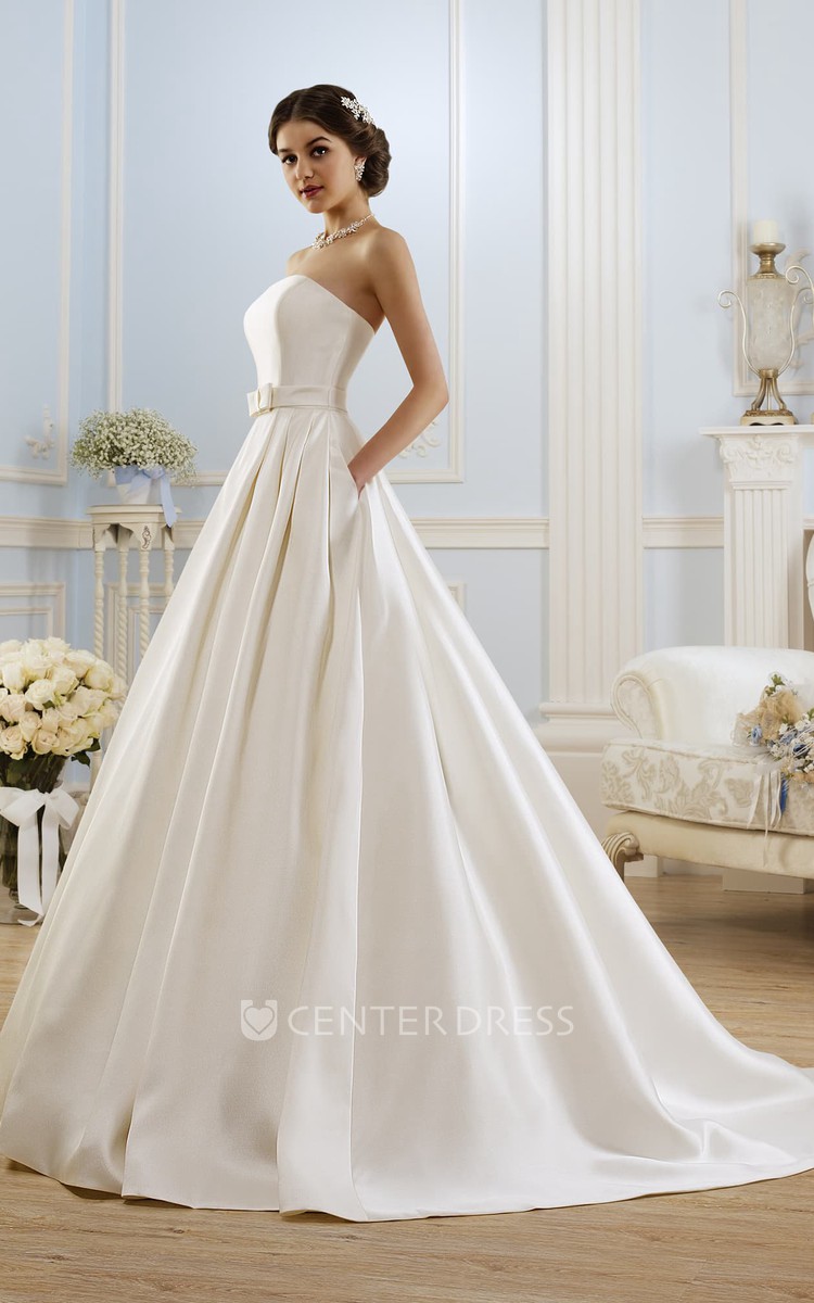 High neck clearance satin ball gown