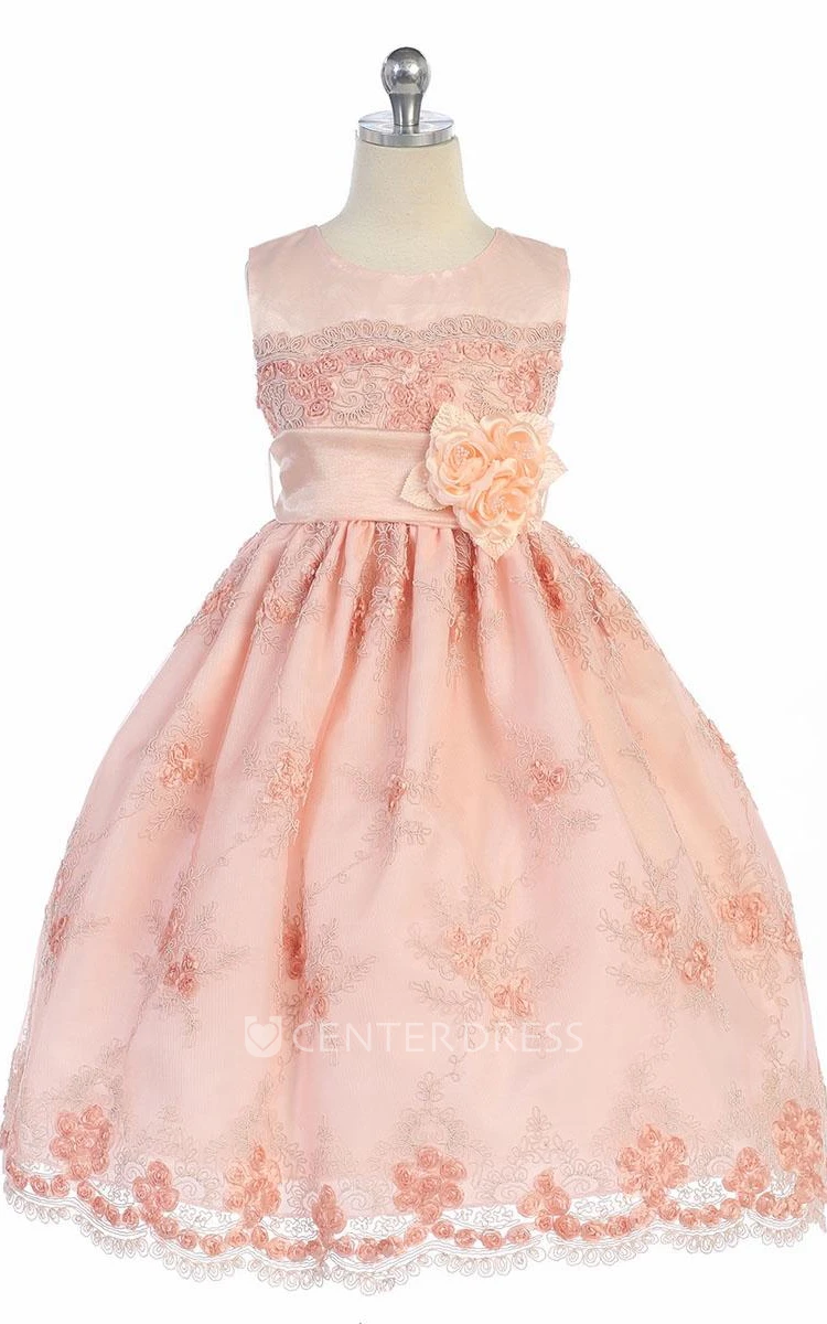 Floral Appliqued Tulle&Lace Flower Girl Dress With Ribbon