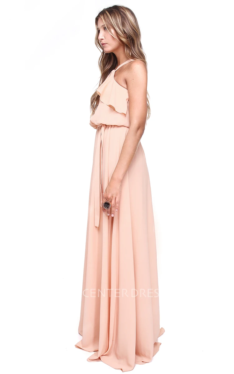 A-Line Pleated High Neck Sleeveless Chiffon Bridesmaid Dress With Straps