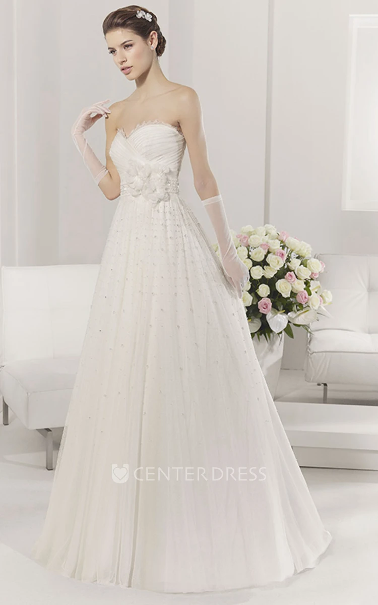 Sweetheart Empire A-line Floor Length Dress With Pearls And Flowers