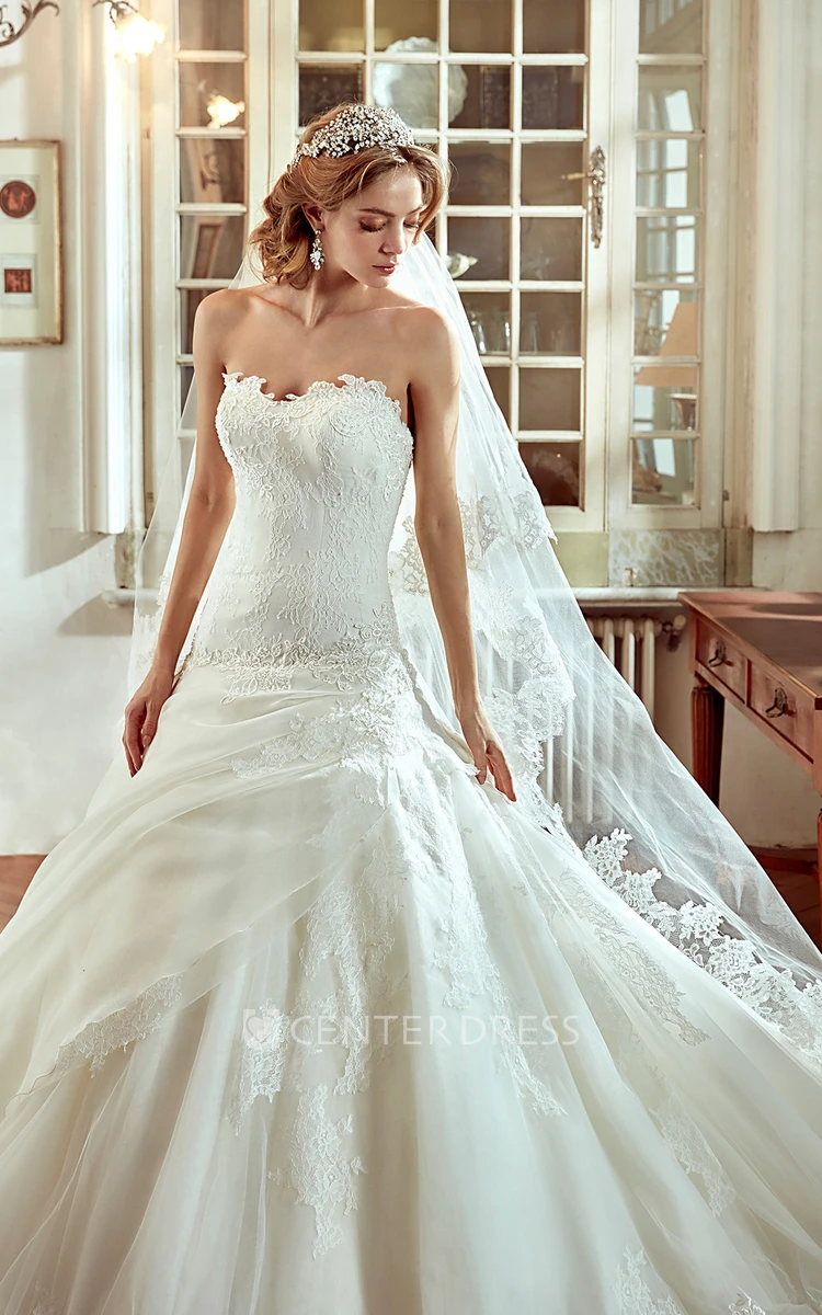 Strapless Brush-train A-Line Wedding Dress with Side Draping and Embroideries