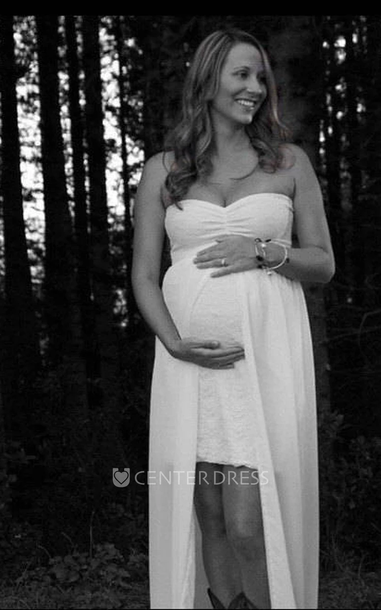 A-line Chiffon Lace Strapless Sleeveless Split Front Cape Maternity Wedding Dress
