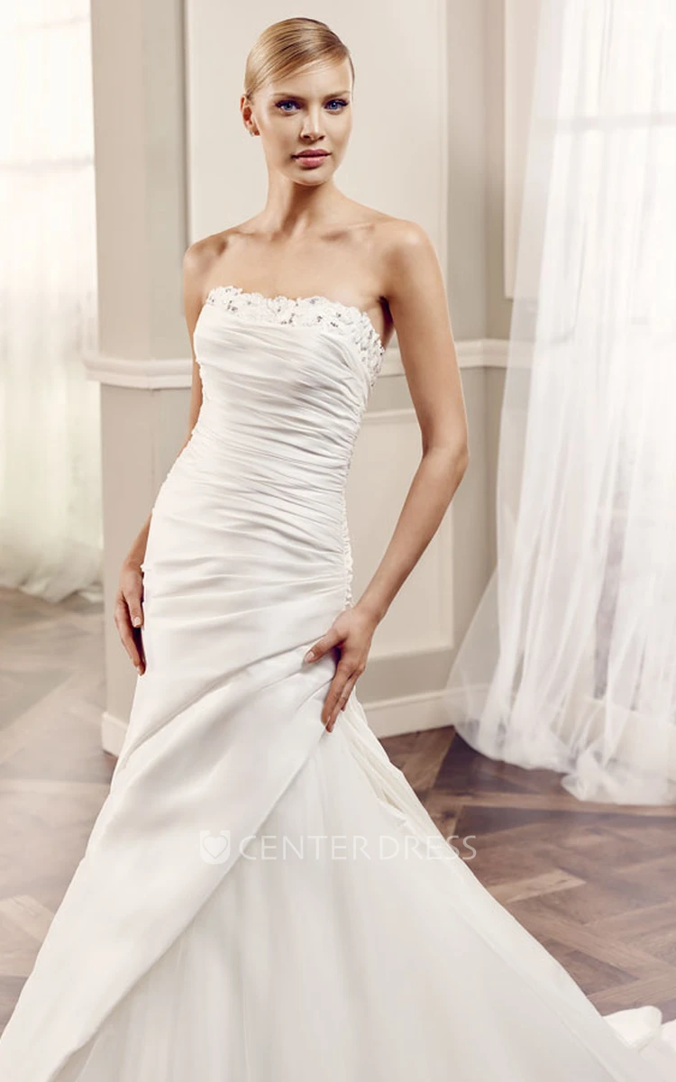 Mermaid Floor-Length Side-Draped Sleeveless Strapless Satin Wedding Dress With Backless Style And Beading