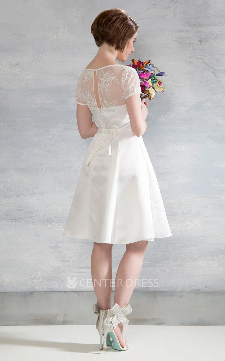 Midi V-Neck Appliqued Cap-Sleeve Satin Wedding Dress With Illusion