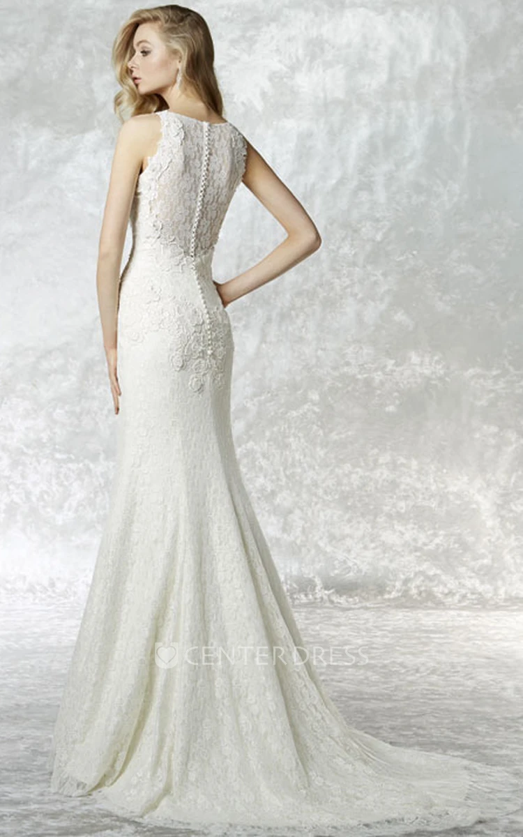 Scoop Long Lace Wedding Dress With Illusion