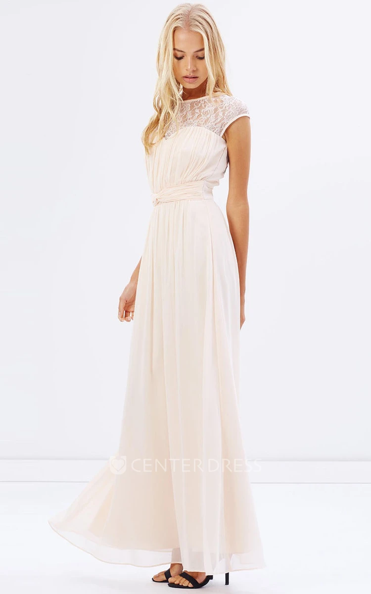 Cap Sleeve Jewel Neck Ruched Chiffon Bridesmaid Dress