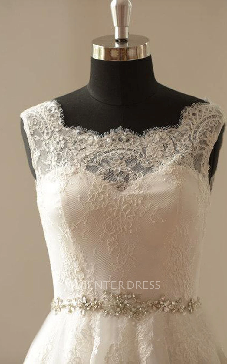 Long A-Line Sleeveless Lace Wedding Dress With Beads Sash and Train
