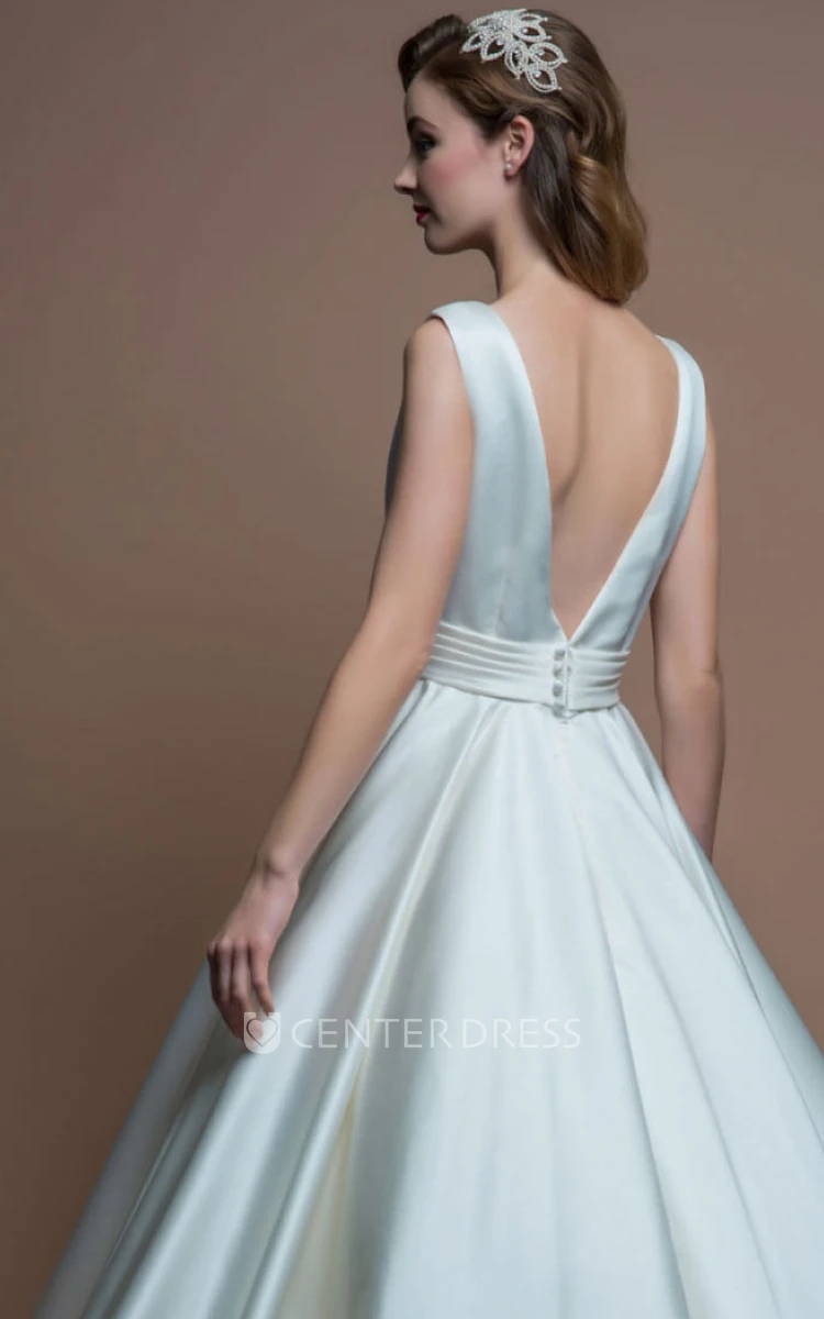 A-Line Jewel-Neck Sleeveless Tea-Length Satin Wedding Dress With V Back