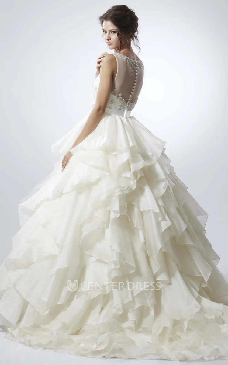 A-Line Sleeveless Scoop Floor-Length Cascading-Ruffle Organza Wedding Dress With Illusion Back And Beading
