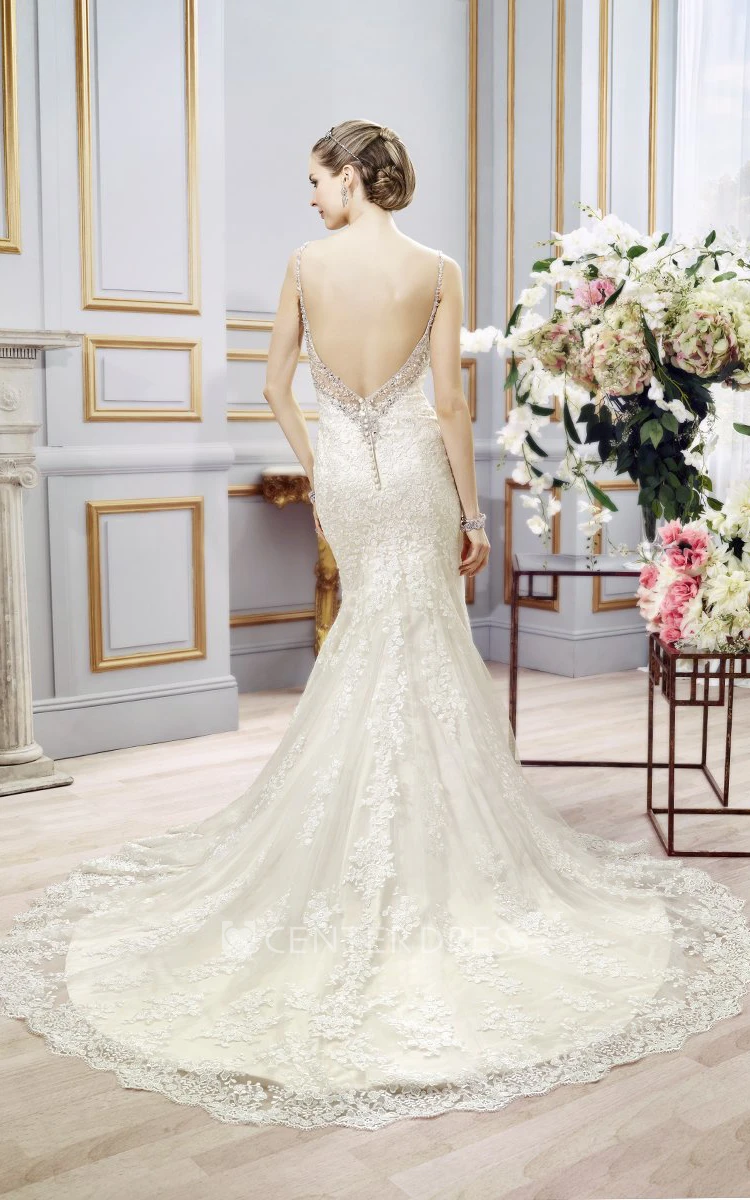 Trumpet Appliqued Spaghetti Long Sleeveless Lace Wedding Dress With Beading And Pleats