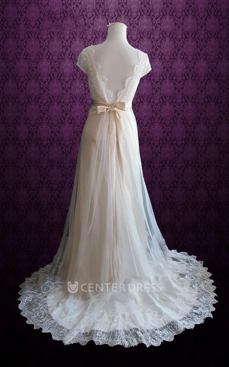 V-Neck Short Sleeve Lace And Tulle Dress With Sash And Bow