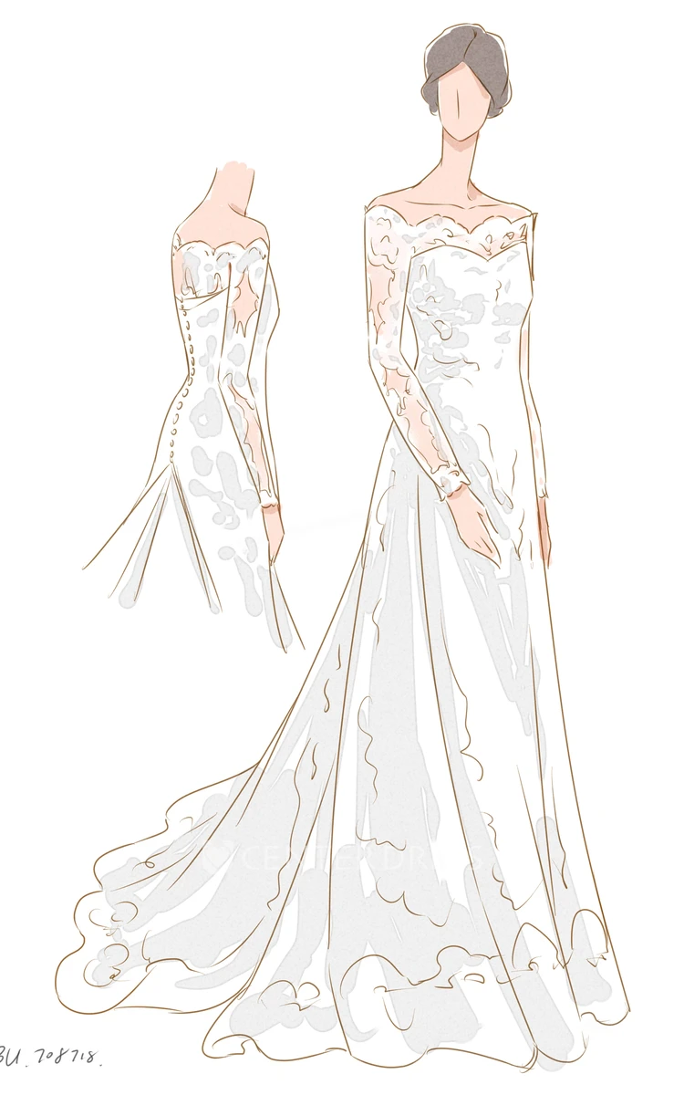 Elegant Modest Mermaid Long Sleeves Boho Wedding Dress Minimalist Vintage Lace Off-the-Shoulder Bridal Gown with Sweep Train