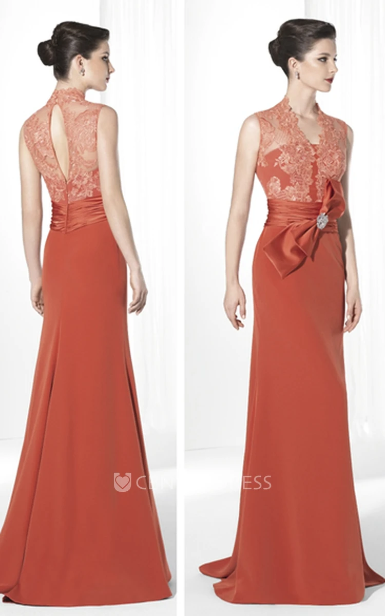 Sheath V-Neck Bowed Floor-Length Sleeveless Jersey&Lace Prom Dress With Appliques