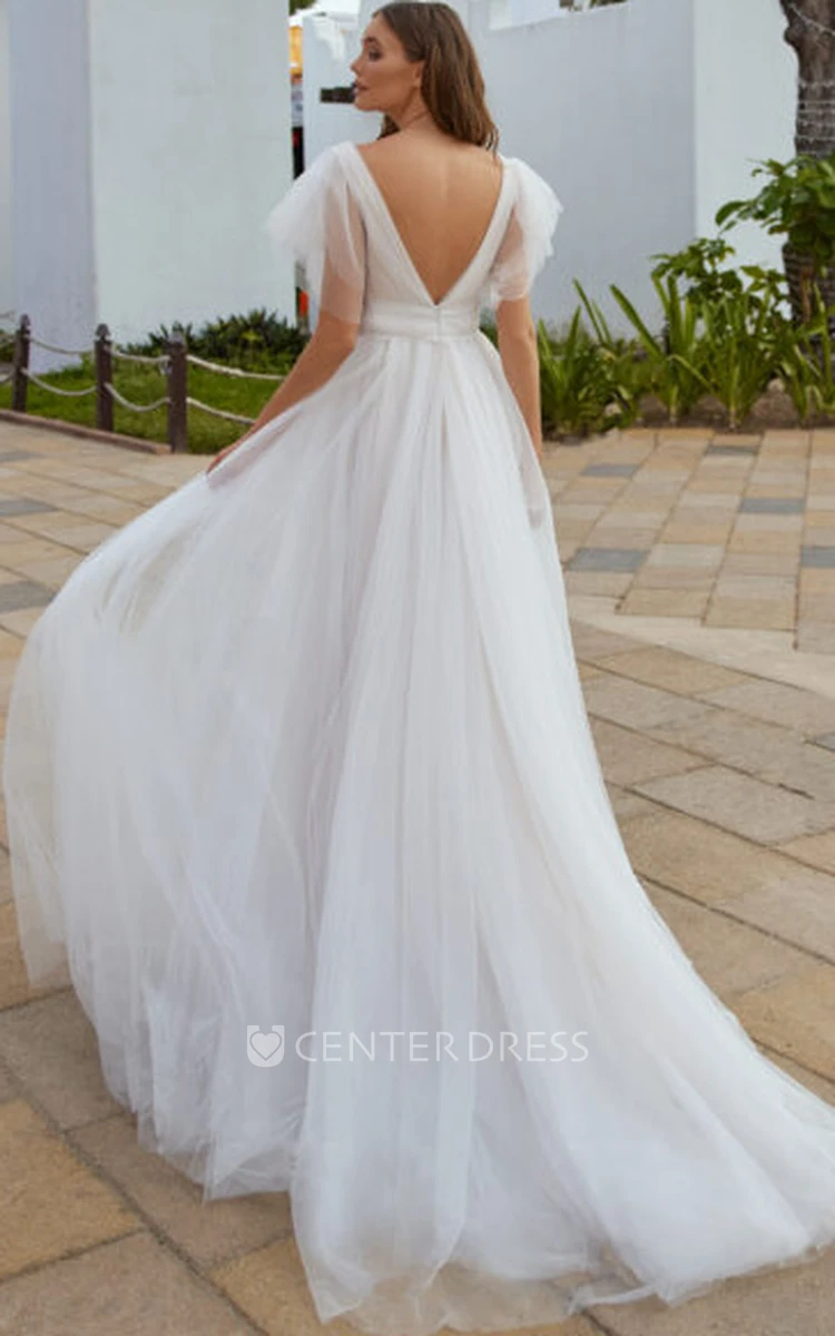 Simple A-Line V-neck Tulle Wedding Dress With Short Sleeve And Open Back