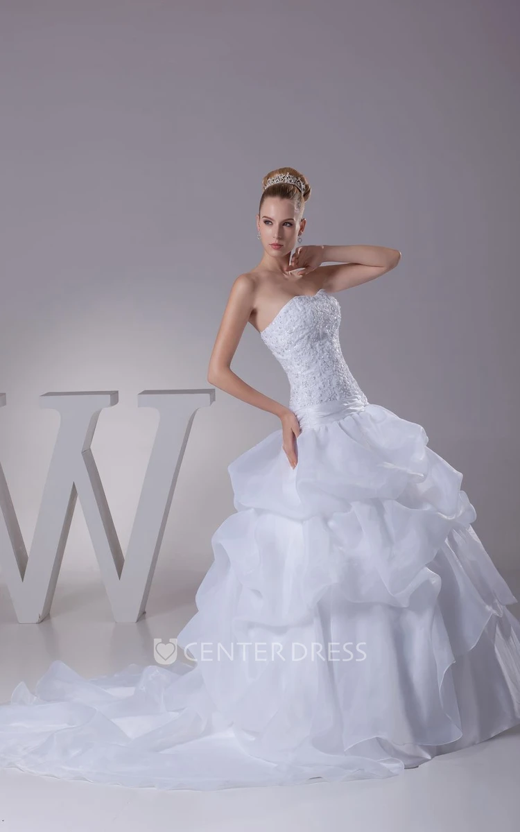 Strapless Appliqued A-Line Ball Gown Organza Wedding Dress With Pick-Up Design