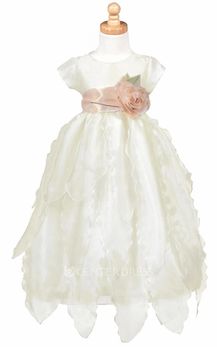 Tiered Cap-Sleeve Organza&Taffeta Flower Girl Dress