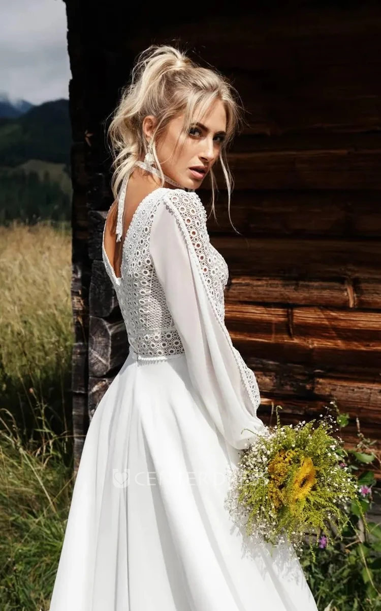 Country Bohemian Lace Chiffon A-Line Plunging Neckline Wedding Dress Romantic Solid Puff Long Sleeve Floor-length Low-V Back Bridal Gown with Train