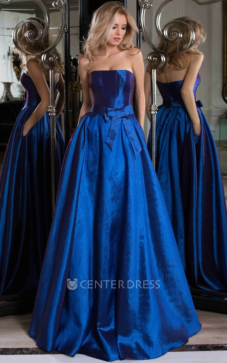 A-Line Long Strapless Sleeveless Bowed Satin Prom Dress With Corset Back And Brush Train