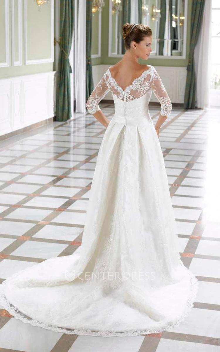 A-Line Sleeveless Strapless Floor-Length Satin&Lace Wedding Dress With Court Train And Backless Style