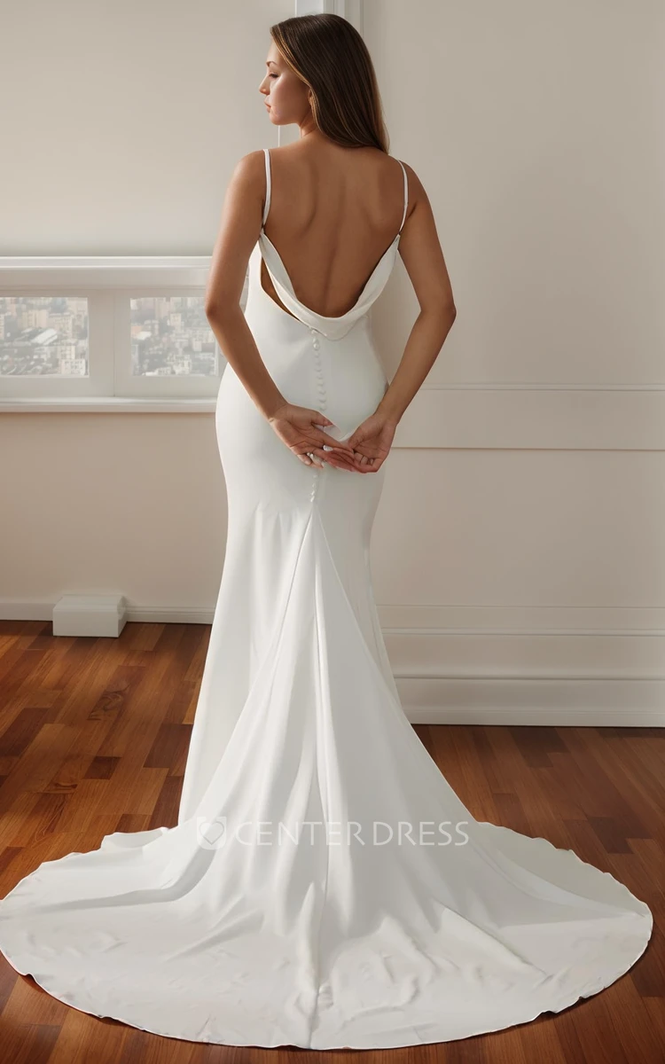 Non Traditional Sexy Beach Mermaid Spaghetti Straps V-Neck Wedding Dress Modern Elegant Low Back Pearl Bridal Gown