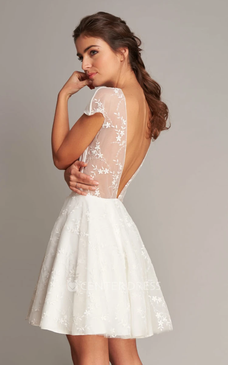 Cute A Line Jewel Neck Satin Lace Short Wedding Dress with Deep-V Back 