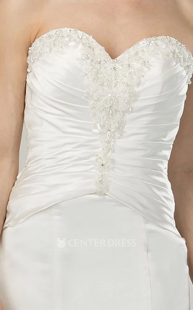 Long Sweetheart Ruched Satin Wedding Dress With Sweep Train And Corset Back