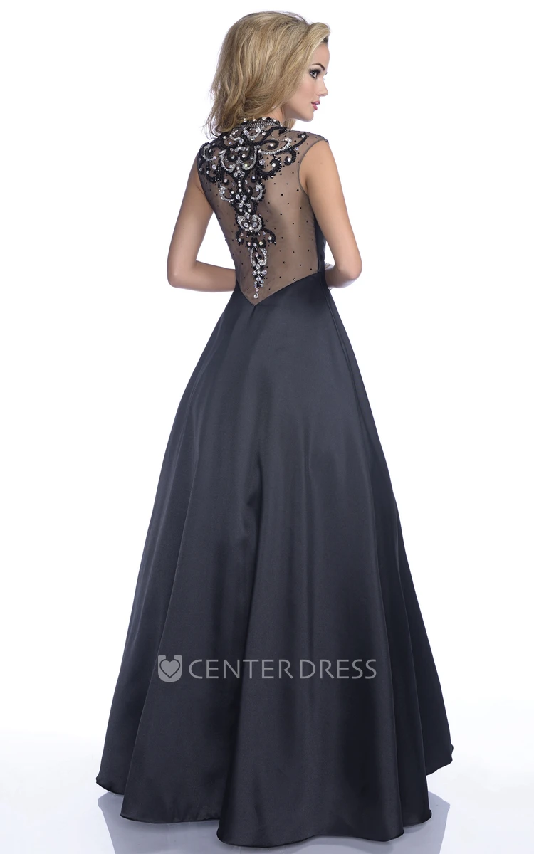A-Line Jewel Neck Cap Sleeve Prom Dress Featuring Rhinestones Back