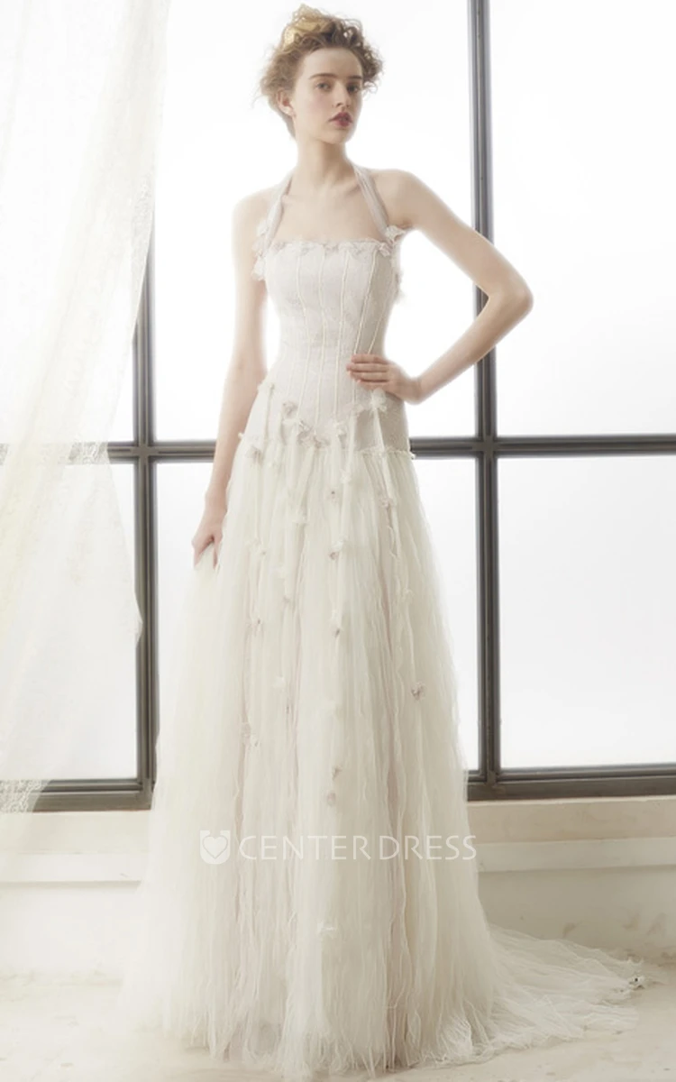 A-Line Floral Sleeveless Halter Floor-Length Tulle Wedding Dress With Backless Style And Sweep Train