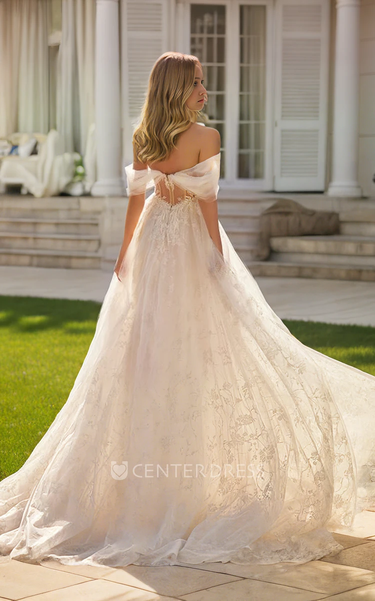 Romantic Lace Tulle Flowers Off-the-shoulder A-Line Plunging Neckline Wedding Gown Sexy Ethereal Sleeveless Floor-length Open Back Bridal Dress