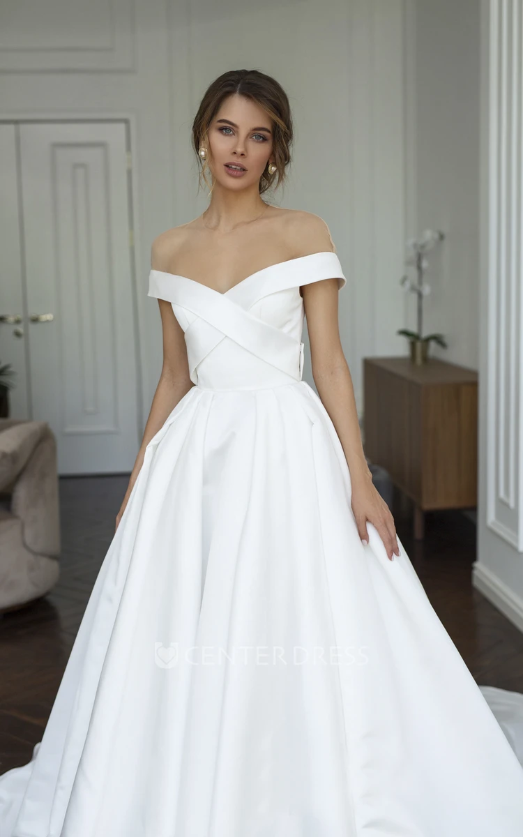 Criss Cross With Illusion Keyhole Back And Buttons Off-the-shoulder Illusion Satin Wedding Dress