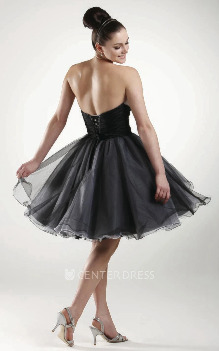 A Line Strapless Sleeveless Floral Short Mini Tulle Bridesmaid Dress With Ruching