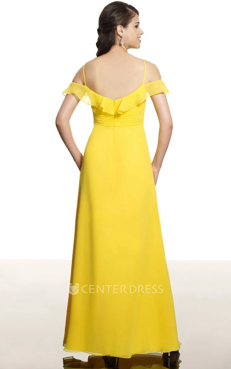 Empire Sleeveless Spaghetti Ruched Chiffon Bridesmaid Dress With Low-V Back