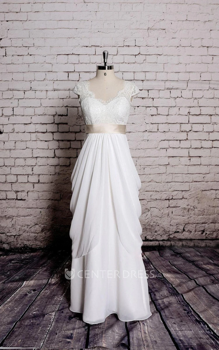 Special Design Lace Cap Sleeve Chiffon Skirt With Champagne Sash