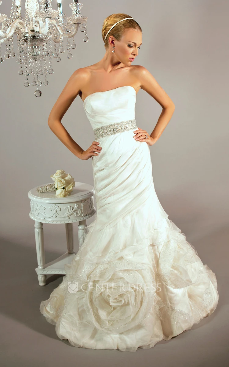 Mermaid Floor-Length Side-Draped Sleeveless Strapless Satin Wedding Dress  With Backless Style And Beading - UCenter Dress