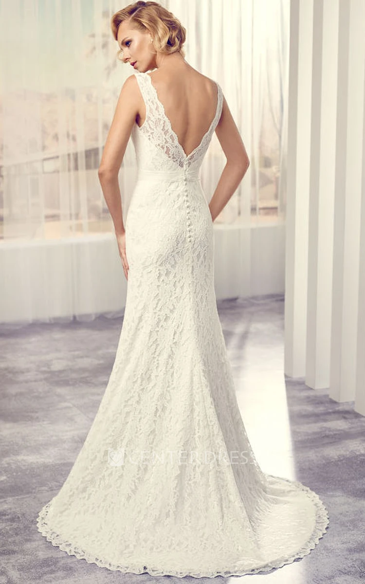 Floor-Length V-Neck Jeweled Lace Wedding Dress With Brush Train And V Back