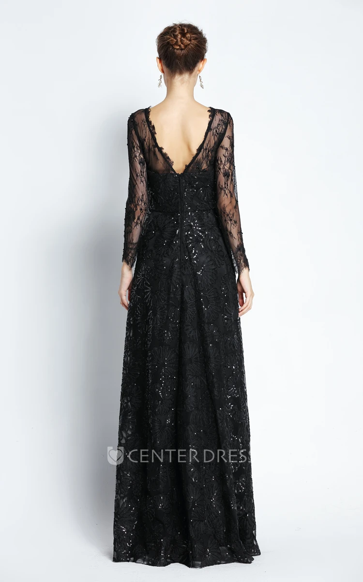 Floor-length Long Sleeve A-Line Bateau Scalloped Lace Prom Dress with Sequins
