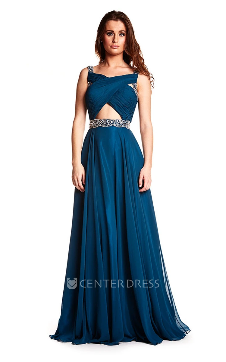 A-Line Sleeveless Long Beaded Prom Dress With Waist Jewellery And Ruching